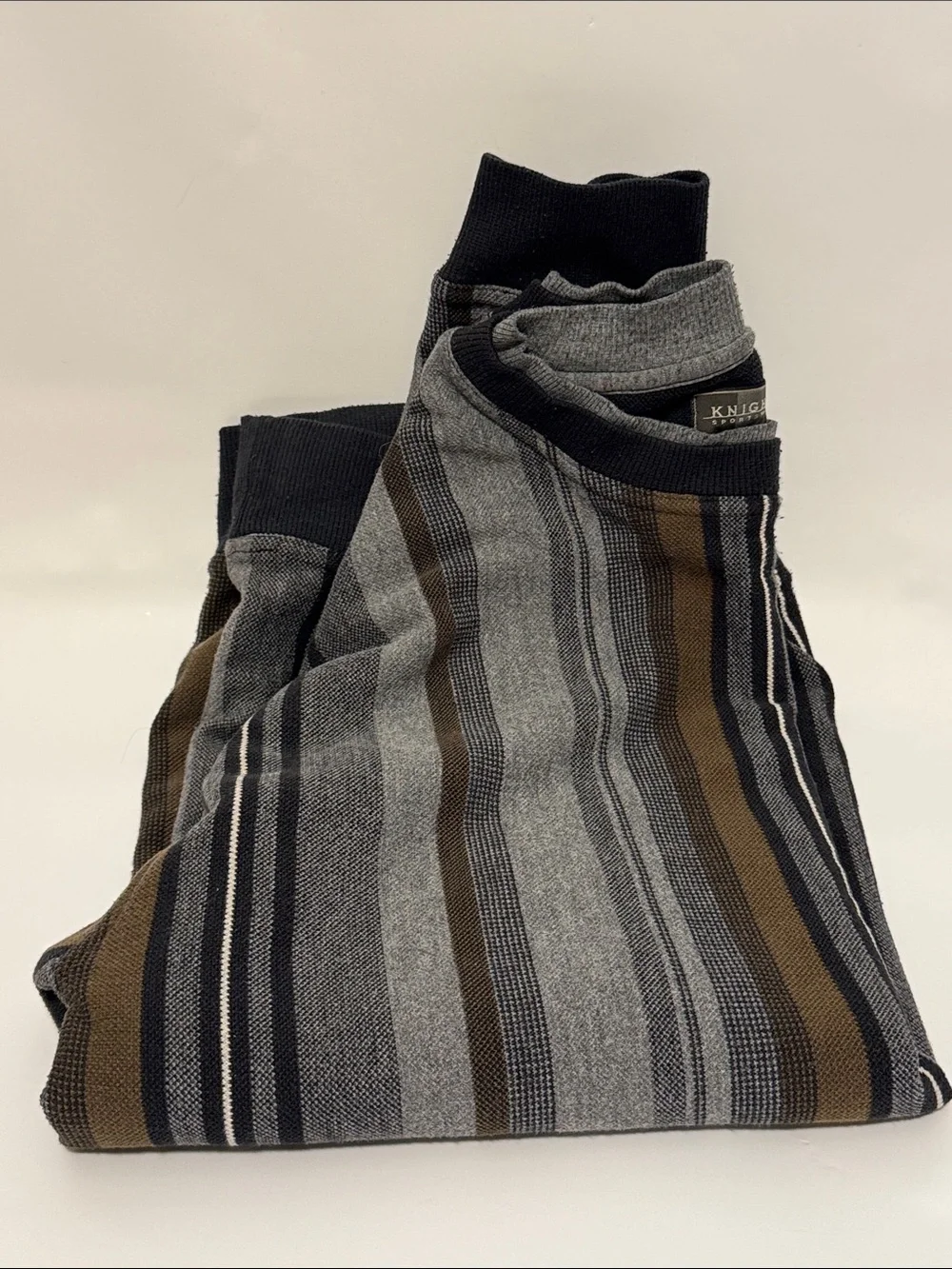 Vintage 90s Knights Sportswear Brown/Gray Vertical Striped Crewneck Sweater